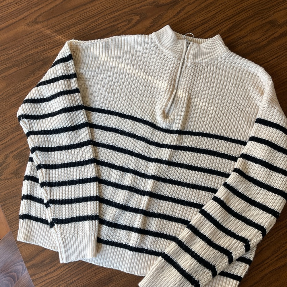 Black and White Cowl Neck Sweater with Ribbed Texture